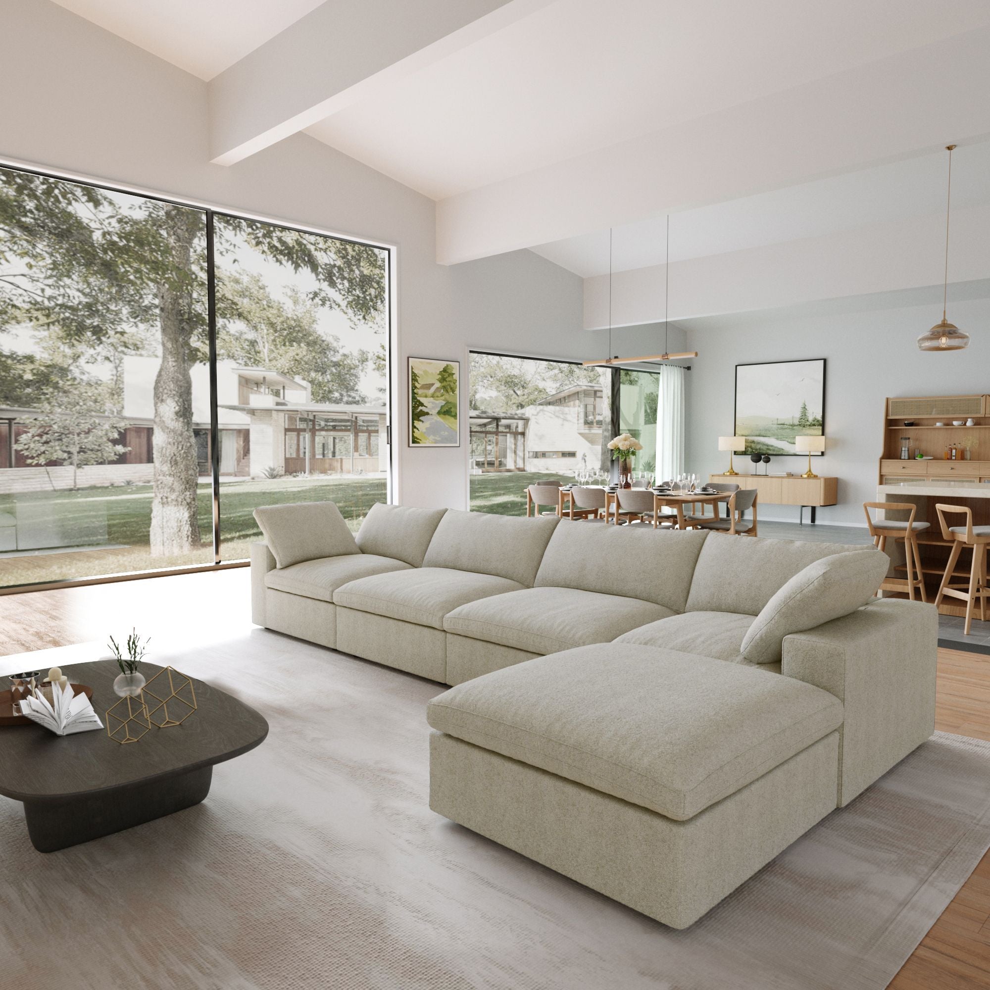 TH Cloud Sectional Modular Sofa | Modular Washable 160-Inch Linen L-Shaped Sectionals 5-Seaters