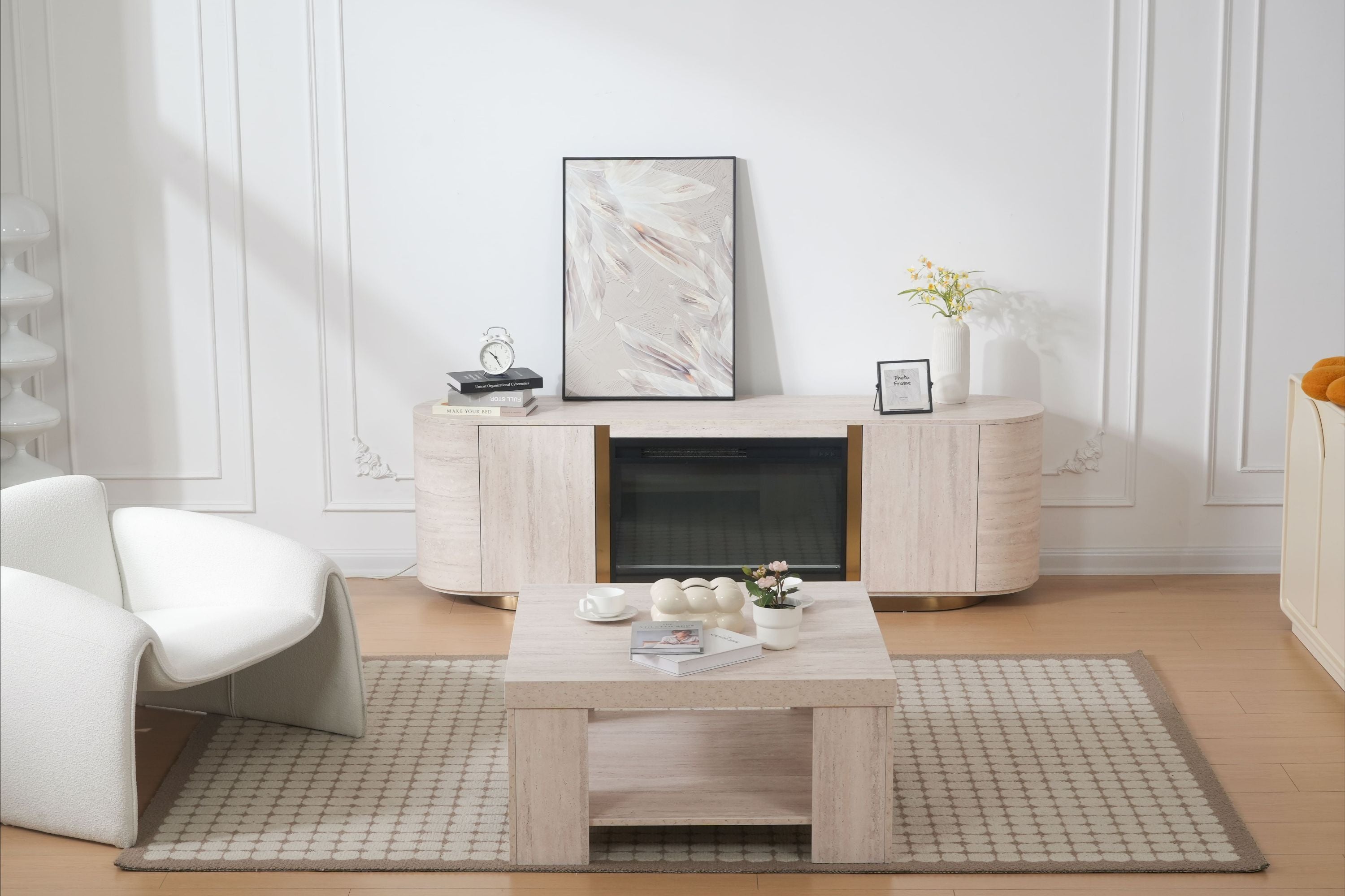 Modern Travertine Panel TV Stand with Fireplace