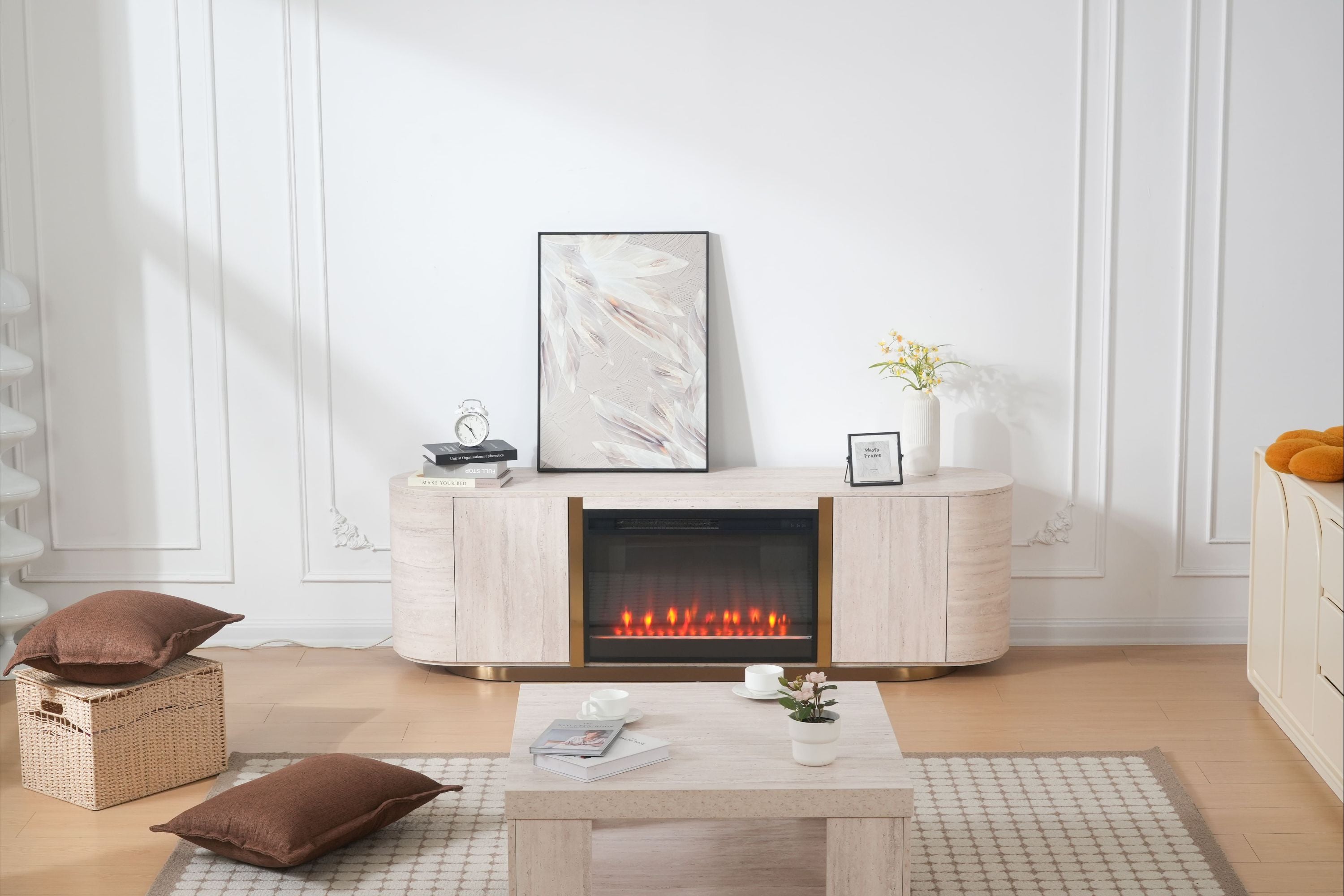 Modern Travertine Panel TV Stand with Fireplace