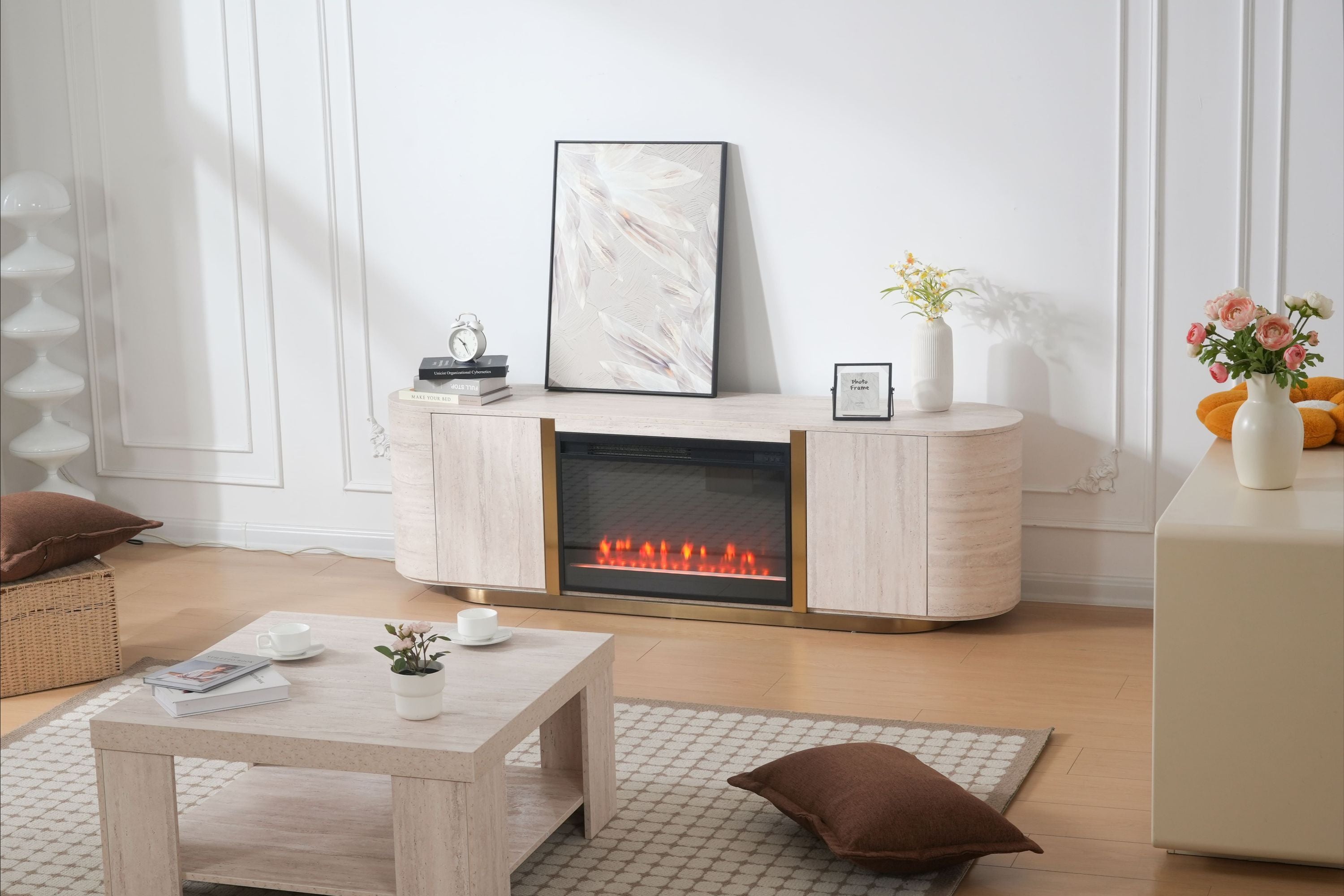 Modern Travertine Panel TV Stand with Fireplace