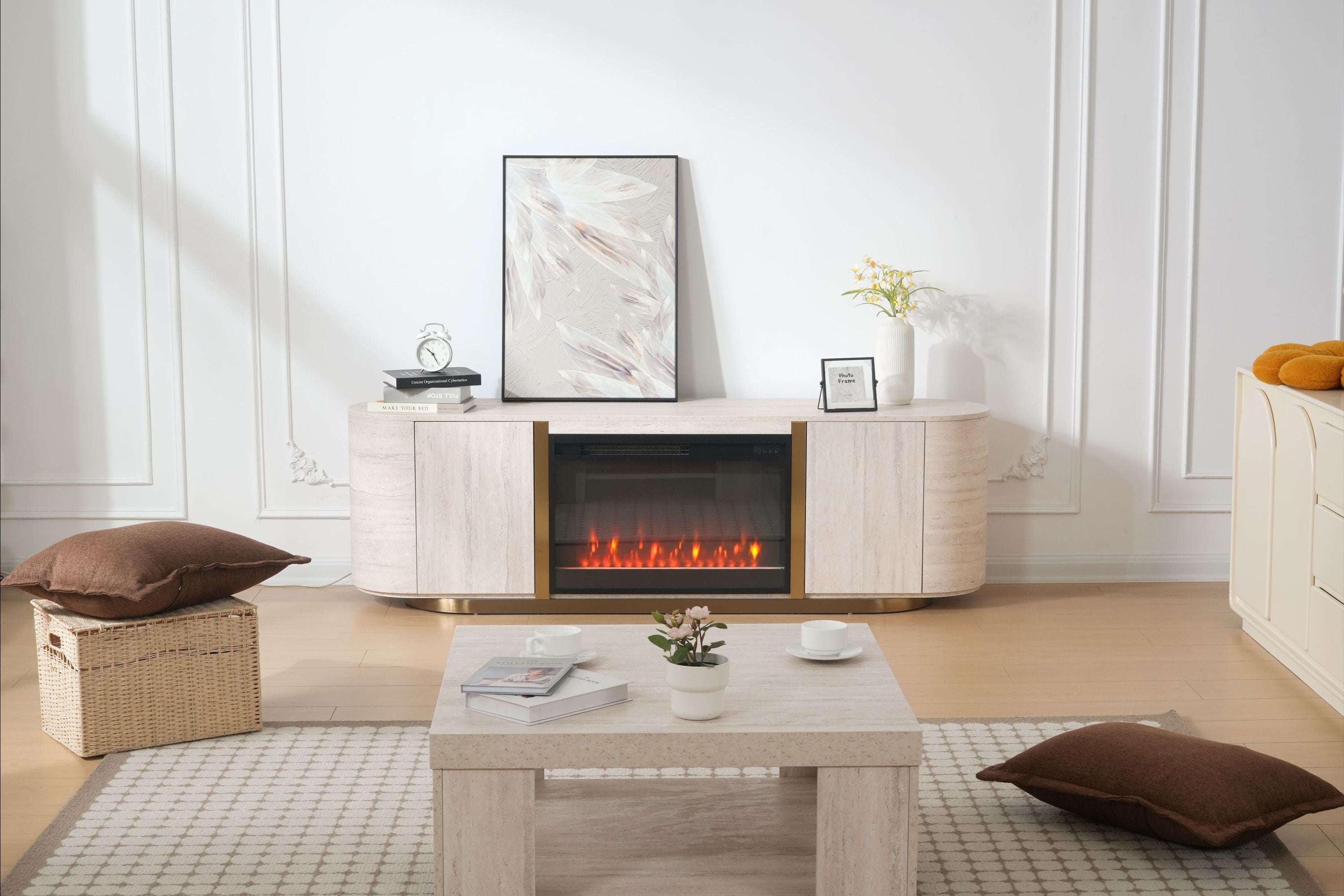 Modern Travertine Panel TV Stand with Fireplace
