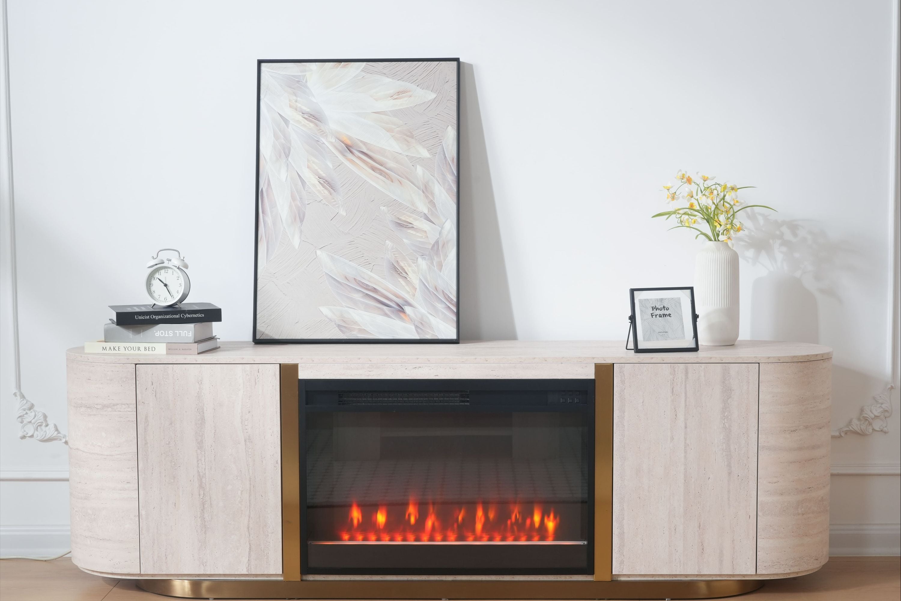 Modern Travertine Panel TV Stand with Fireplace