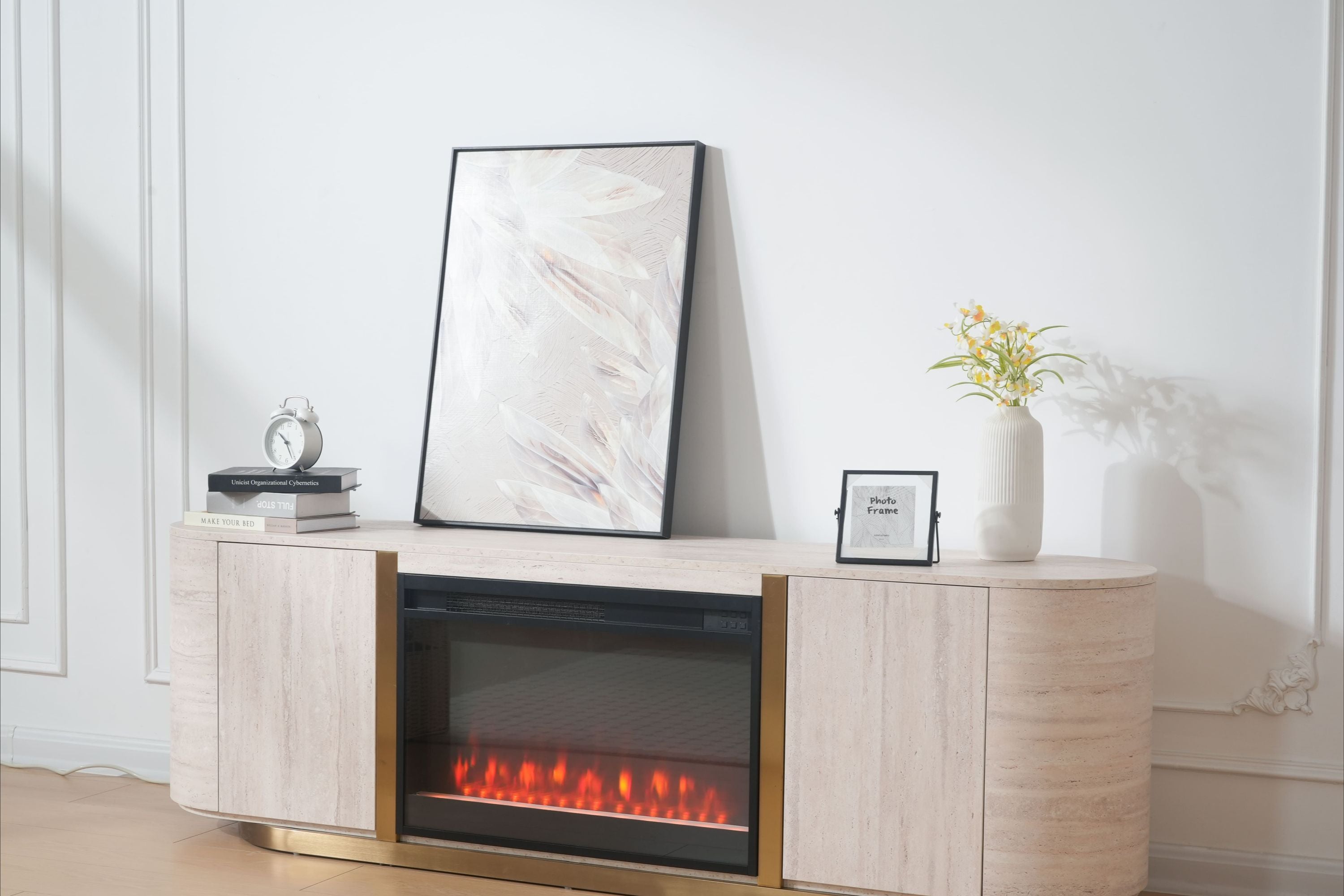 Modern Travertine Panel TV Stand with Fireplace