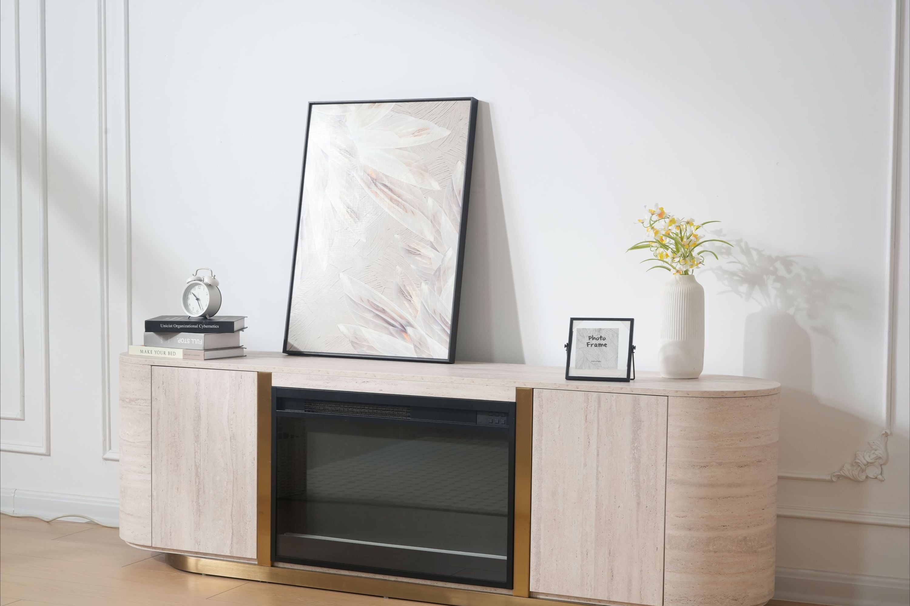 Modern Travertine Panel TV Stand with Fireplace