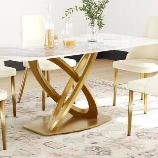 TH 70.84 in. Pandora Sintered Stone Tabletop Gold Cross Pedestal Base Dining Table