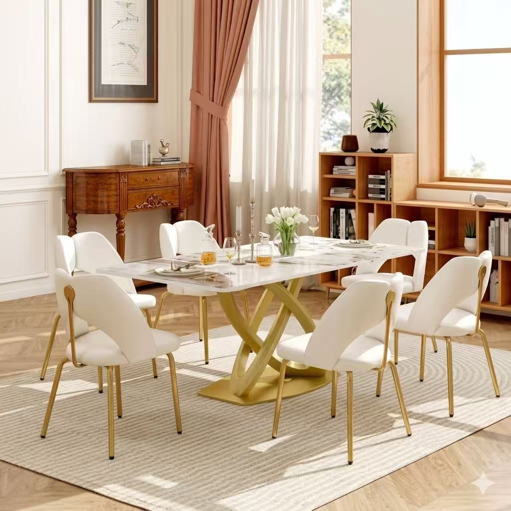 TH 70.84 in. Pandora Sintered Stone Tabletop Gold Cross Pedestal Base Dining Table