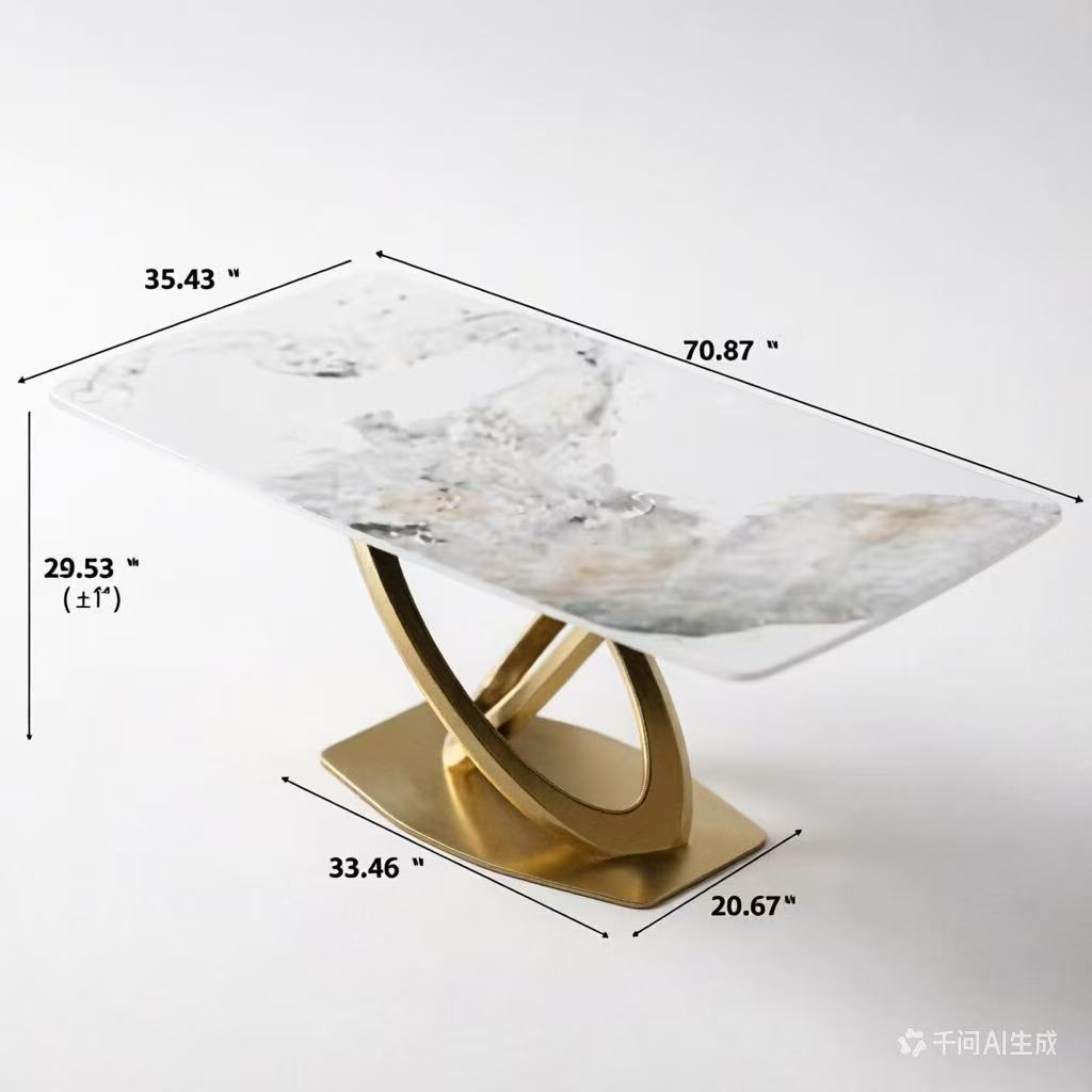 TH 70.84 in. Pandora Sintered Stone Tabletop Gold Cross Pedestal Base Dining Table