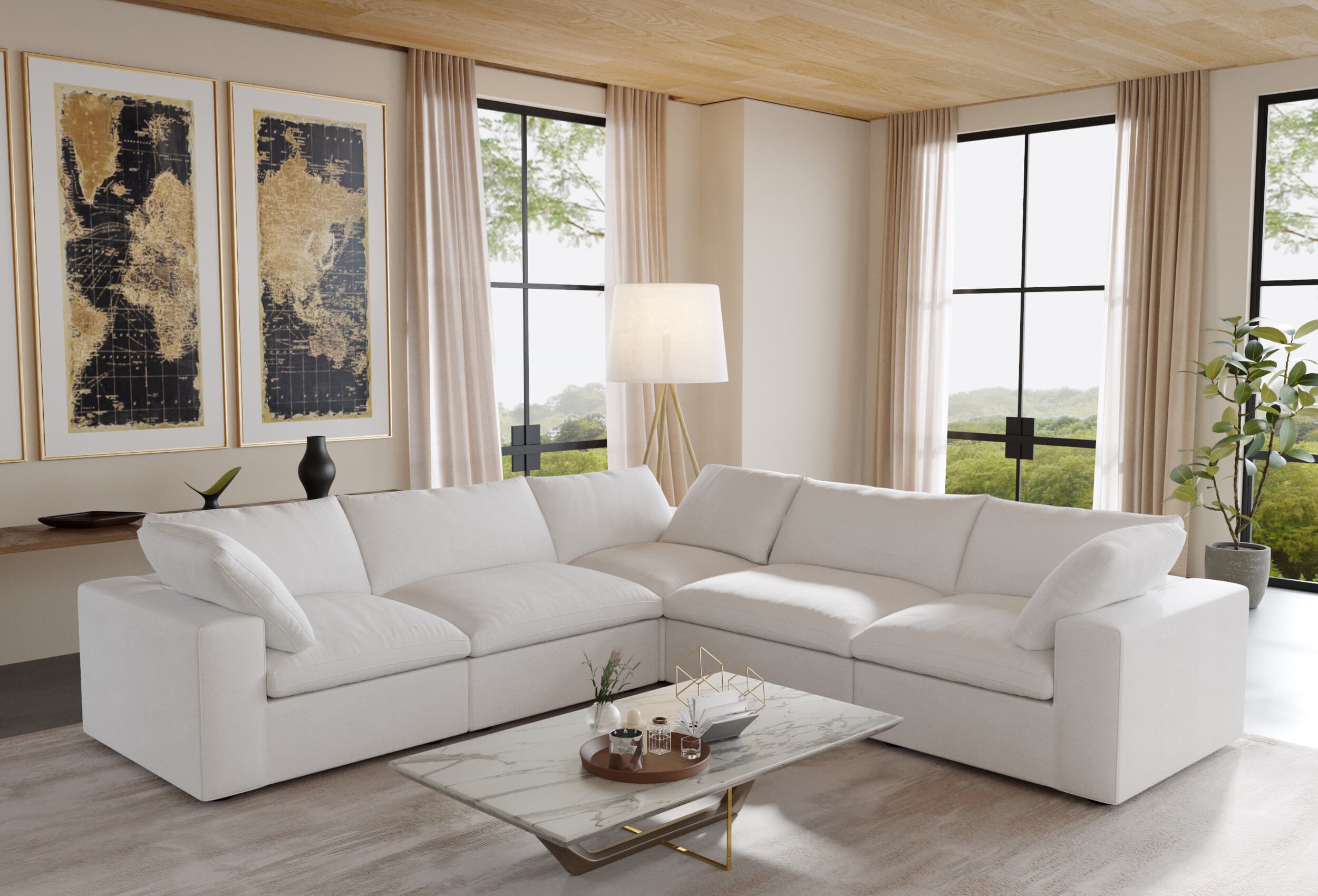 TH Cloud Sectional Modular Sofa | Washable Cover 120-Inch Linen Corner Sectionals 5-Seaters