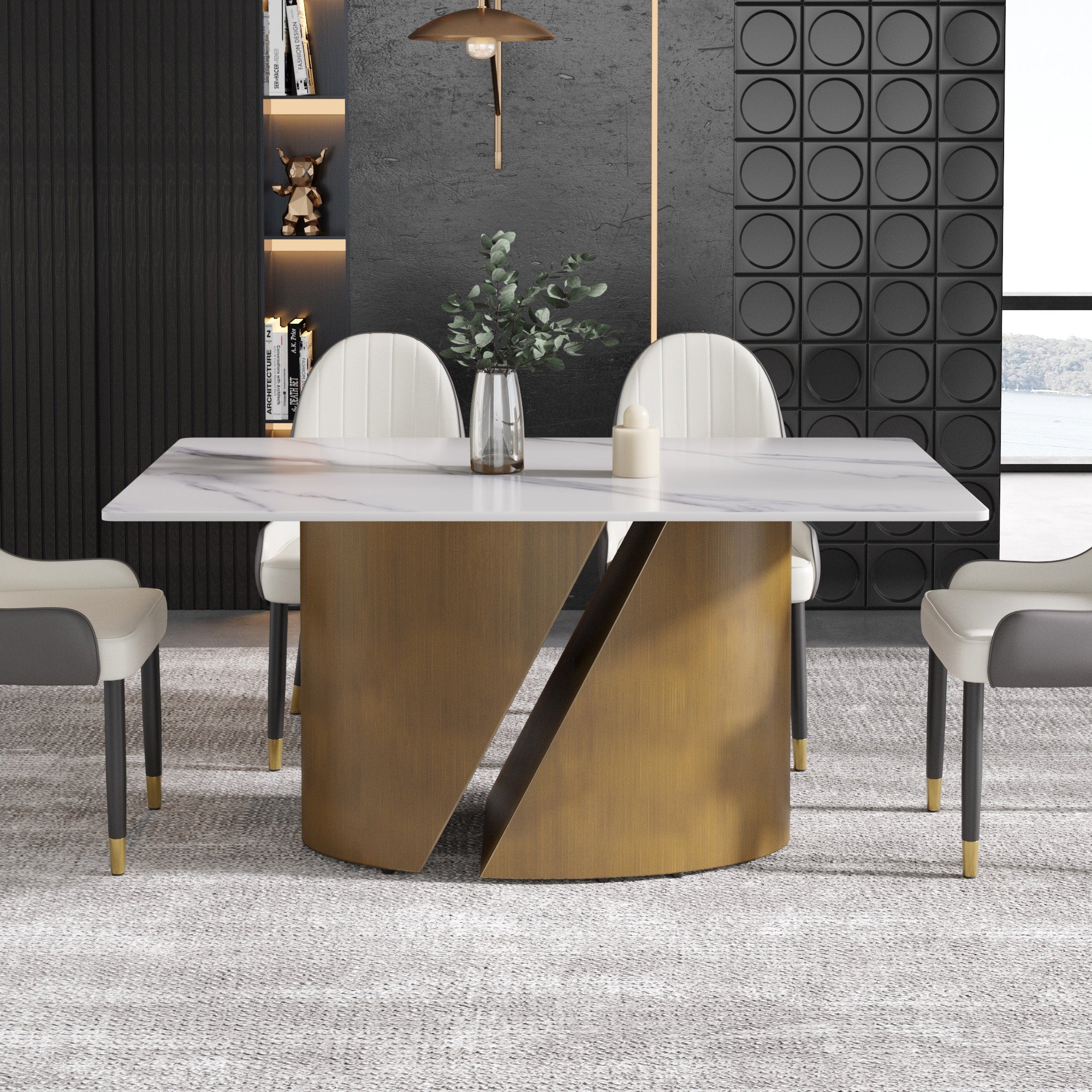 TH Rectangular Dining Table | Sintered Stone Tabletop | Artistic Gold Pedestal Base