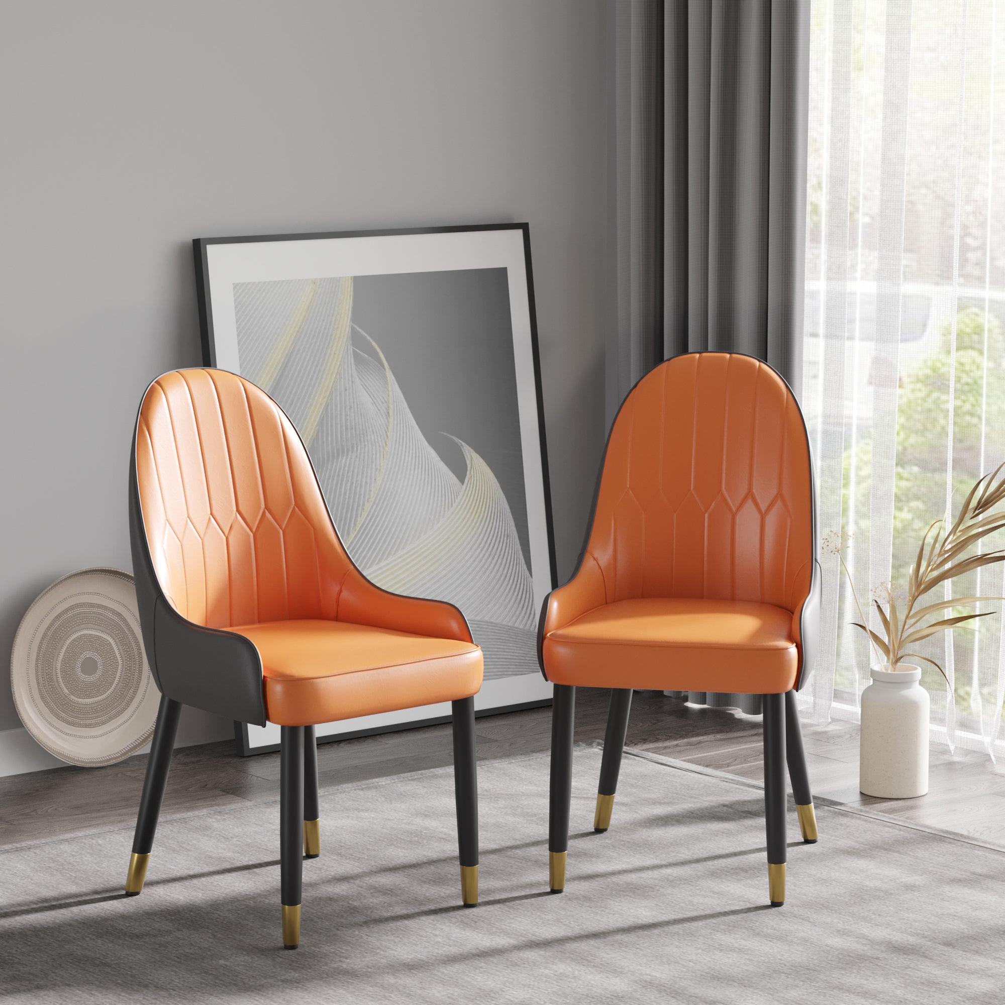 TH Quilted Back Dining Chair Set of 2 | Contrast Color Vegan Leather