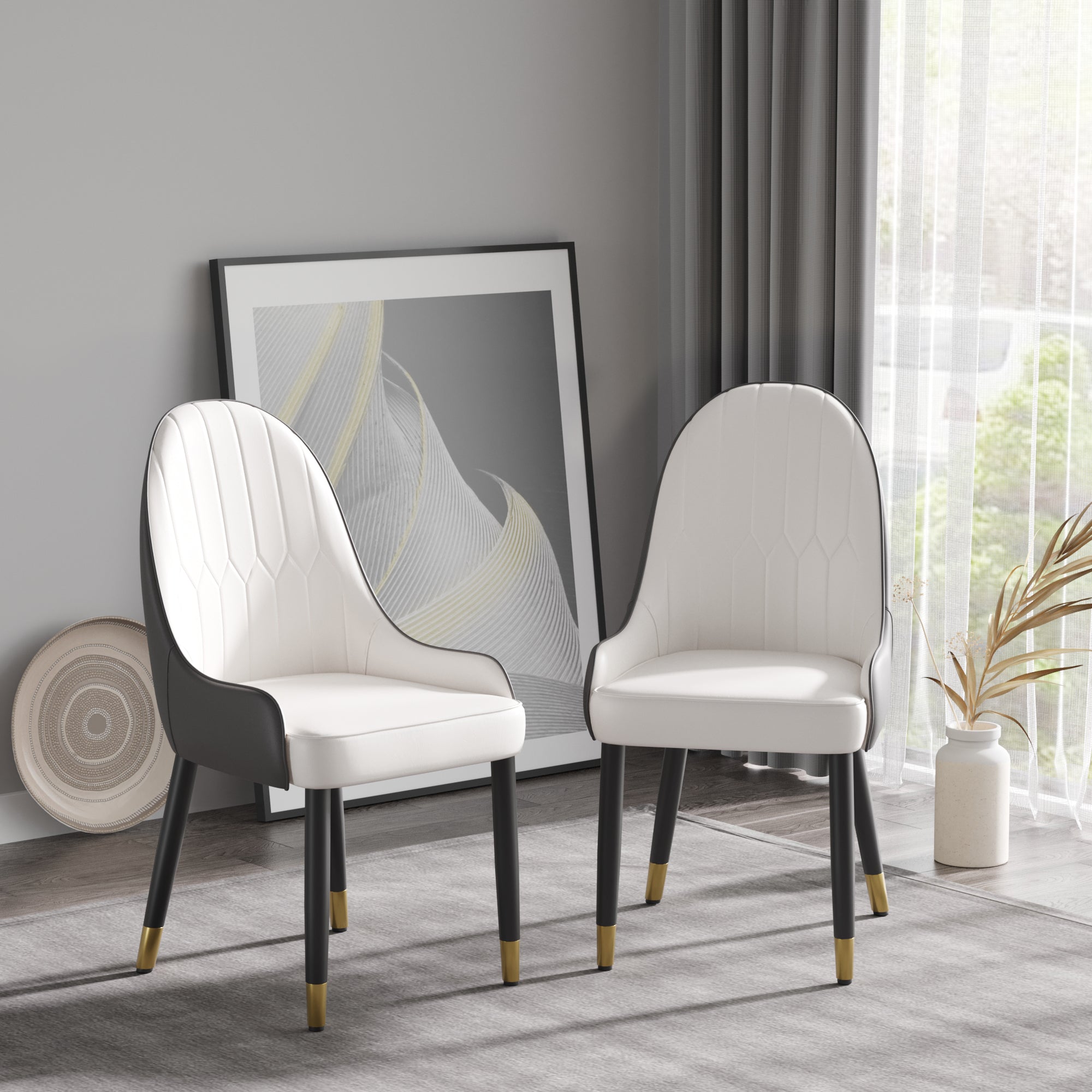 TH Quilted Back Dining Chair Set of 2 | Contrast Color Vegan Leather