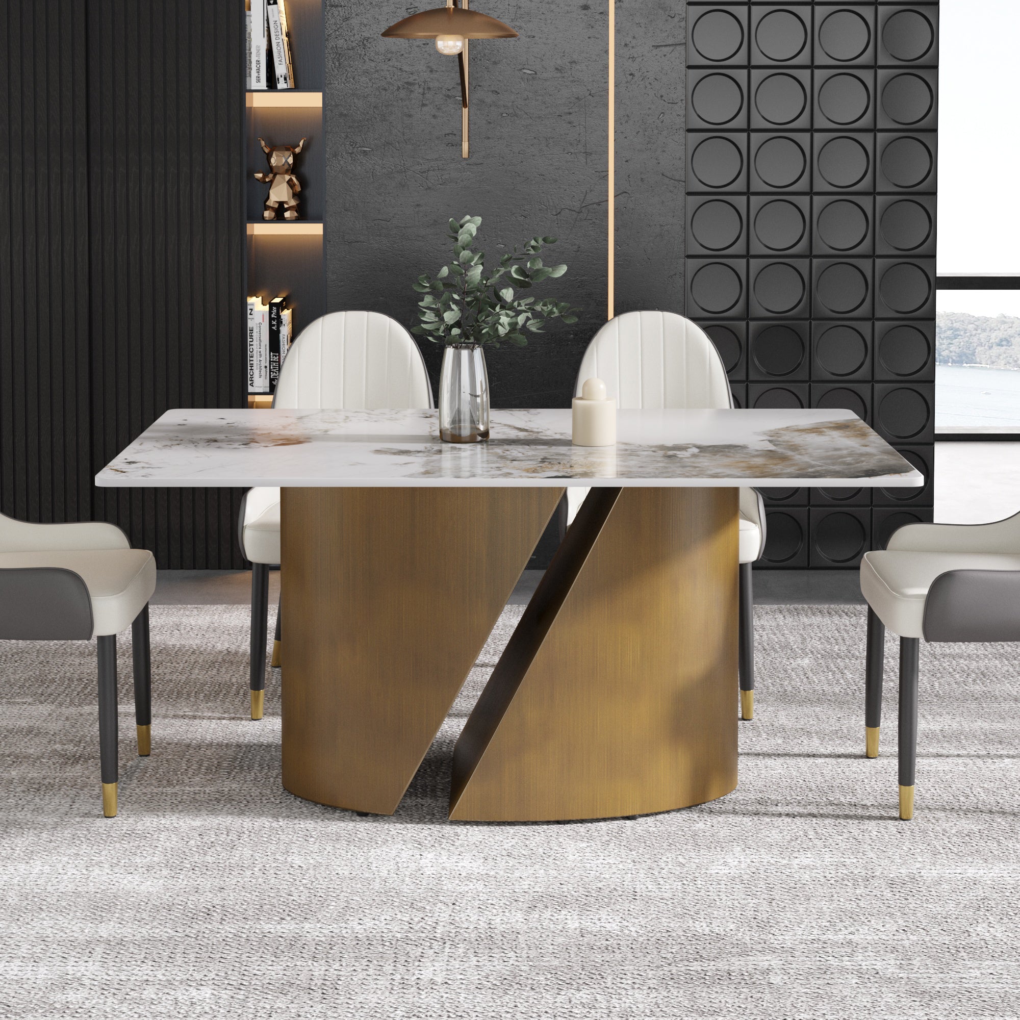 TH Rectangular Dining Table | Sintered Stone Tabletop | Artistic Gold Pedestal Base