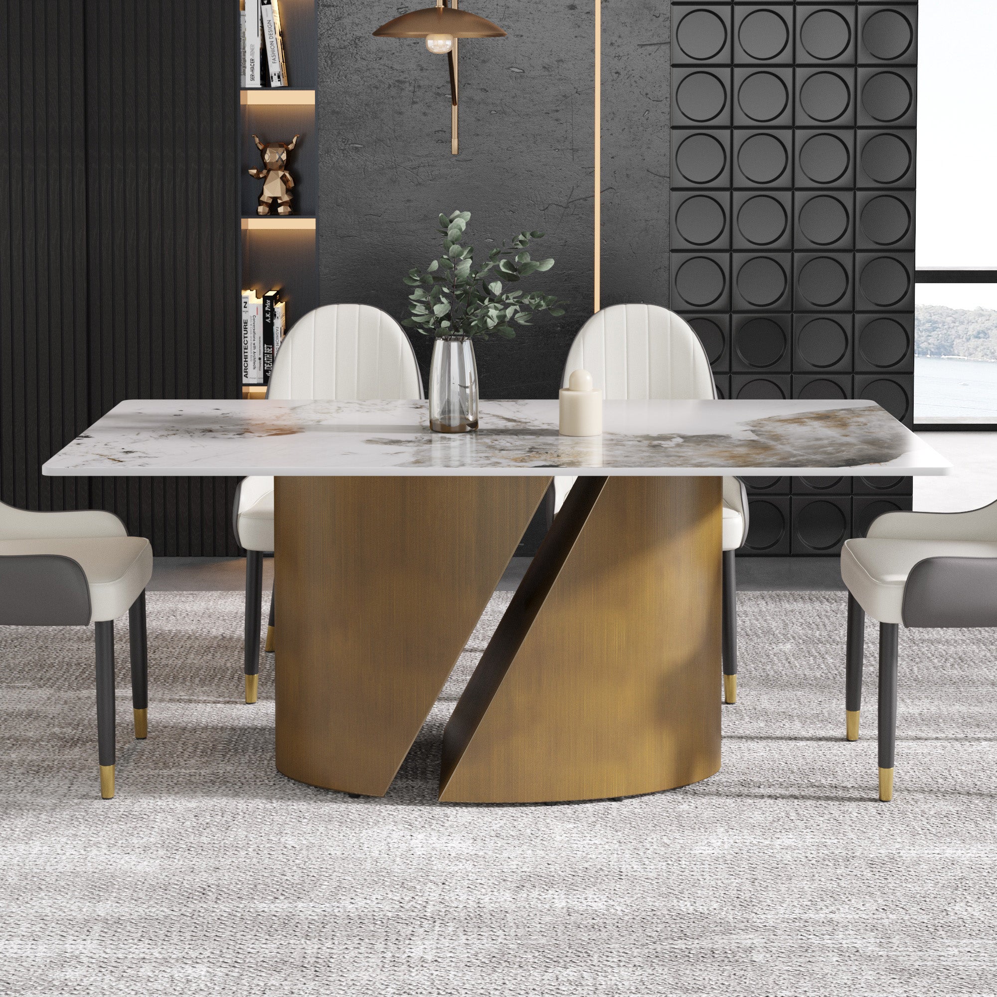 TH Rectangular Dining Table | Sintered Stone Tabletop | Artistic Gold Pedestal Base