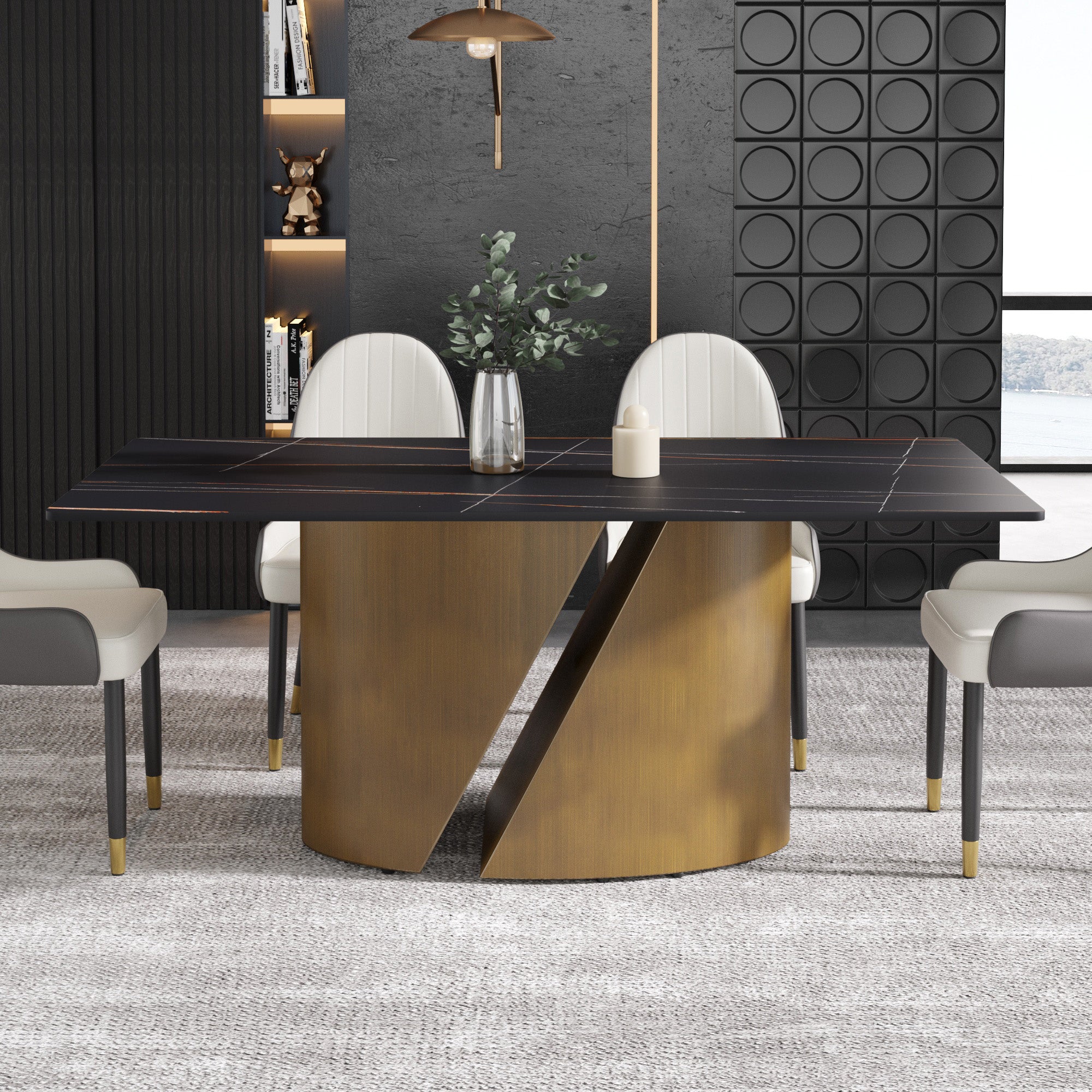 TH Rectangular Dining Table | Sintered Stone Tabletop | Artistic Gold Pedestal Base