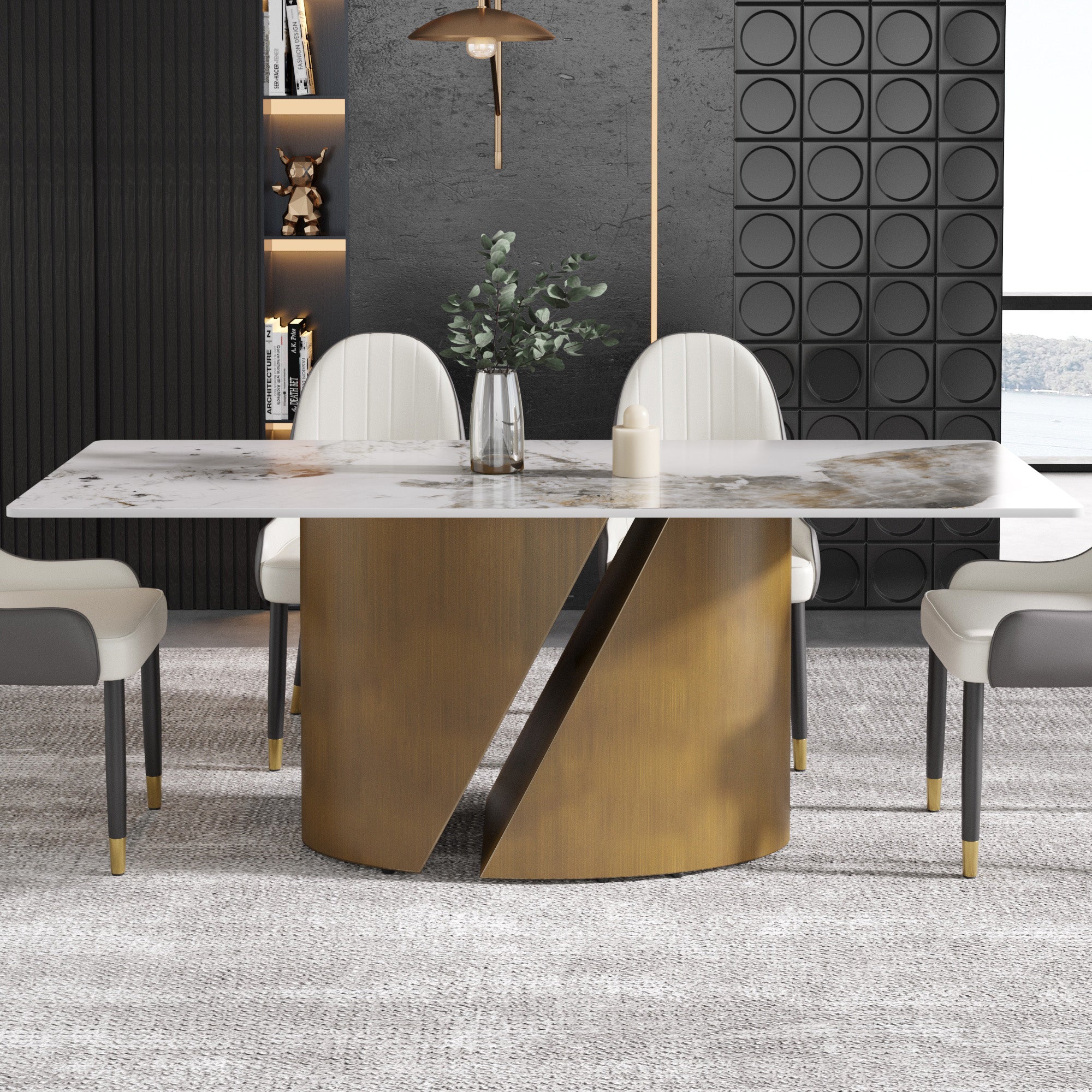 TH Rectangular Dining Table | Sintered Stone Tabletop | Artistic Gold Pedestal Base