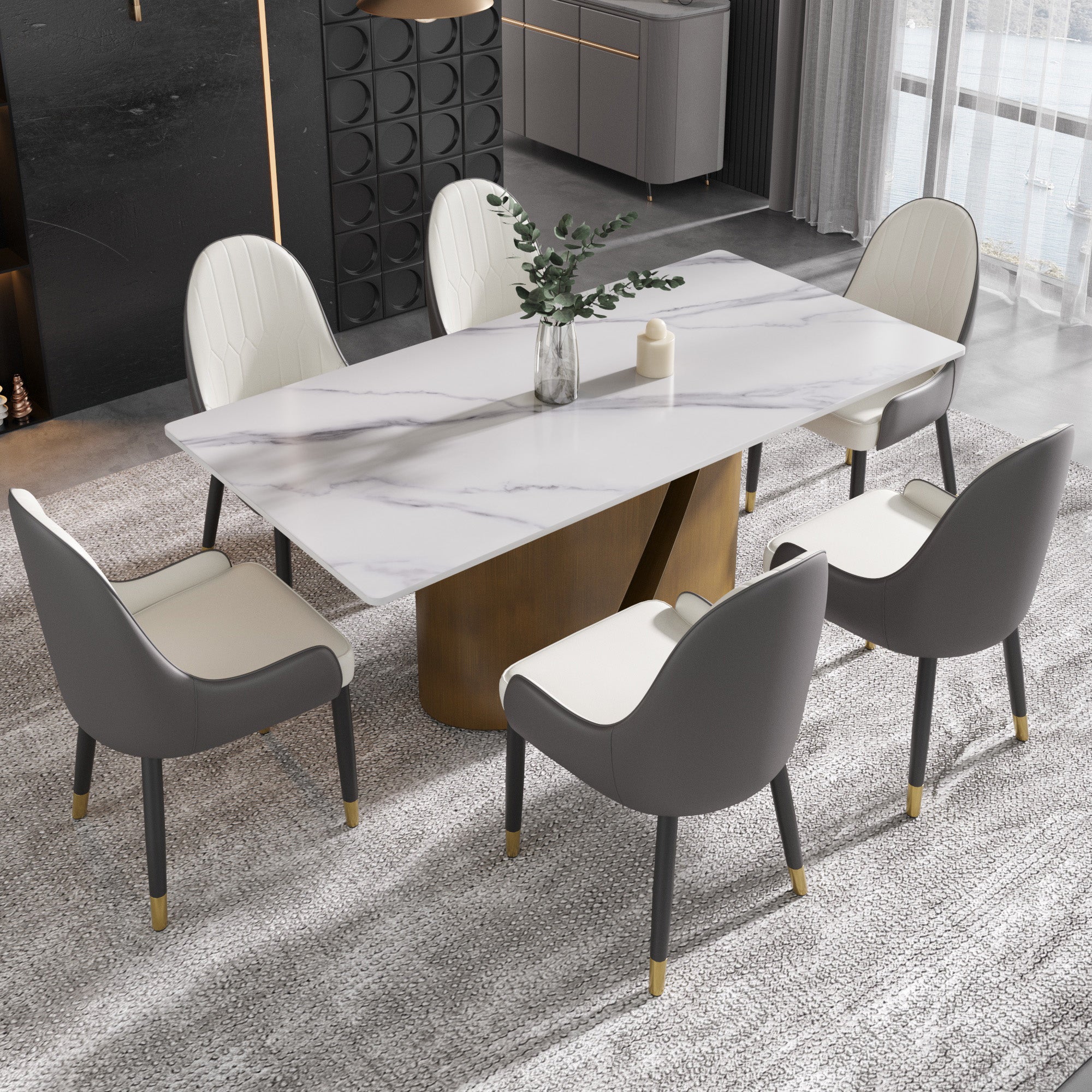 TH Rectangular Dining Table | Sintered Stone Tabletop | Artistic Gold Pedestal Base