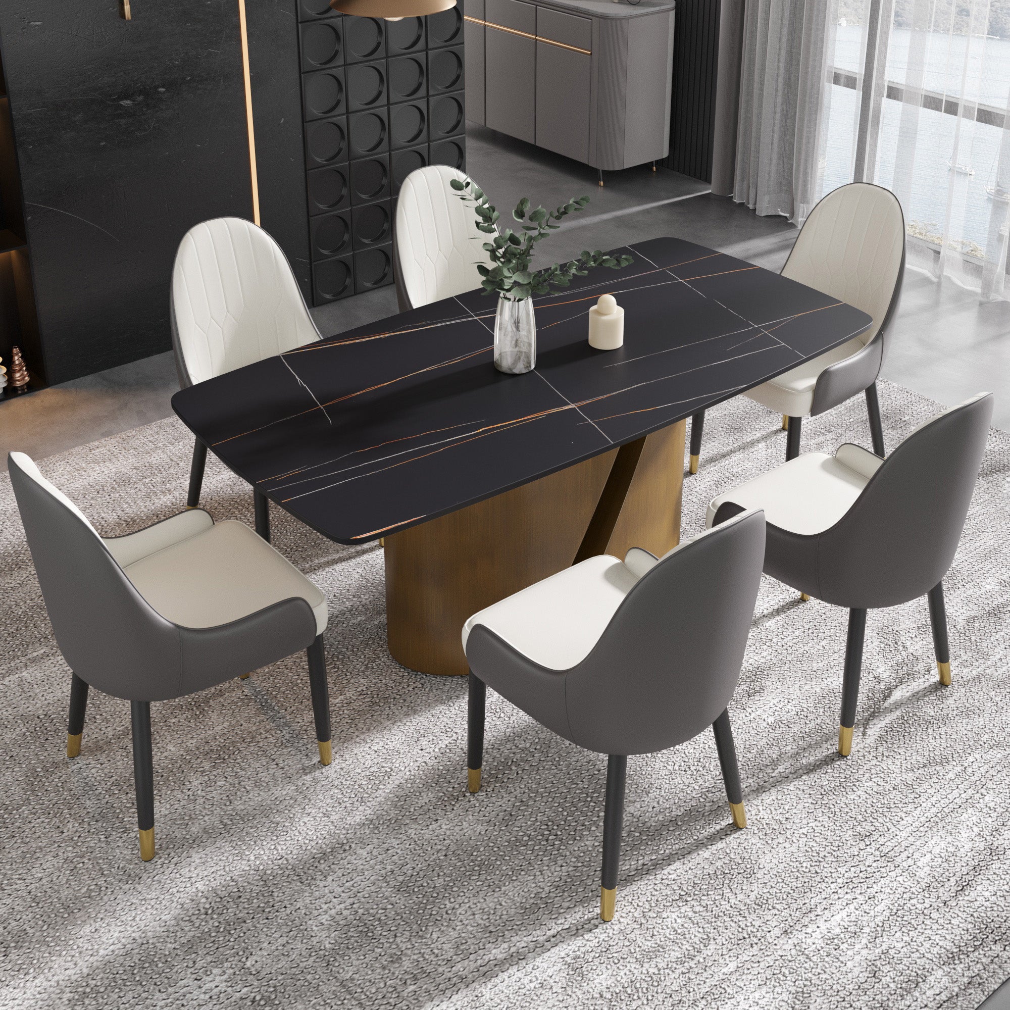 TH Rectangular Dining Table | Sintered Stone Tabletop | Artistic Gold Pedestal Base