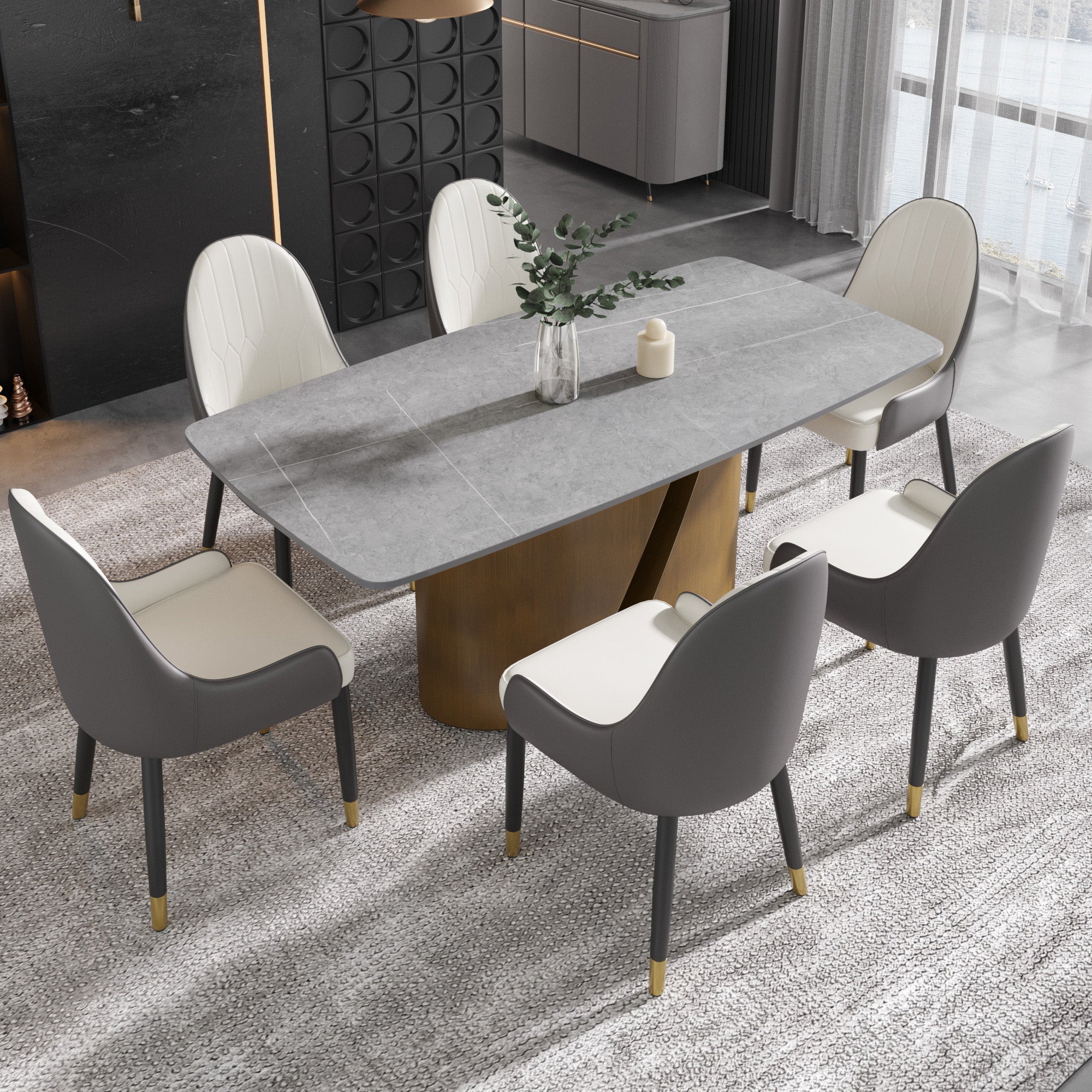 TH Rectangular Dining Table | Sintered Stone Tabletop | Artistic Gold Pedestal Base