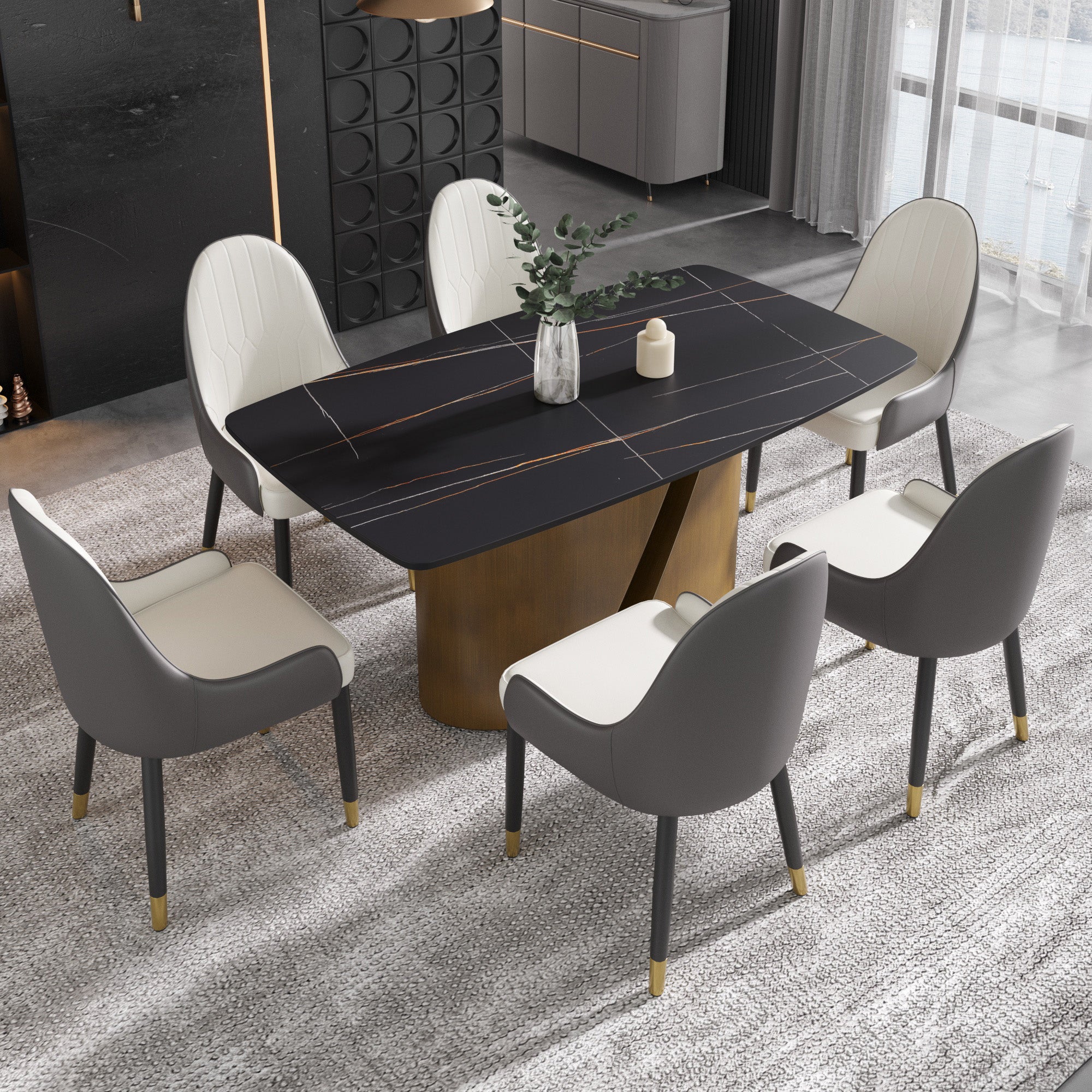 TH Rectangular Dining Table | Sintered Stone Tabletop | Artistic Gold Pedestal Base