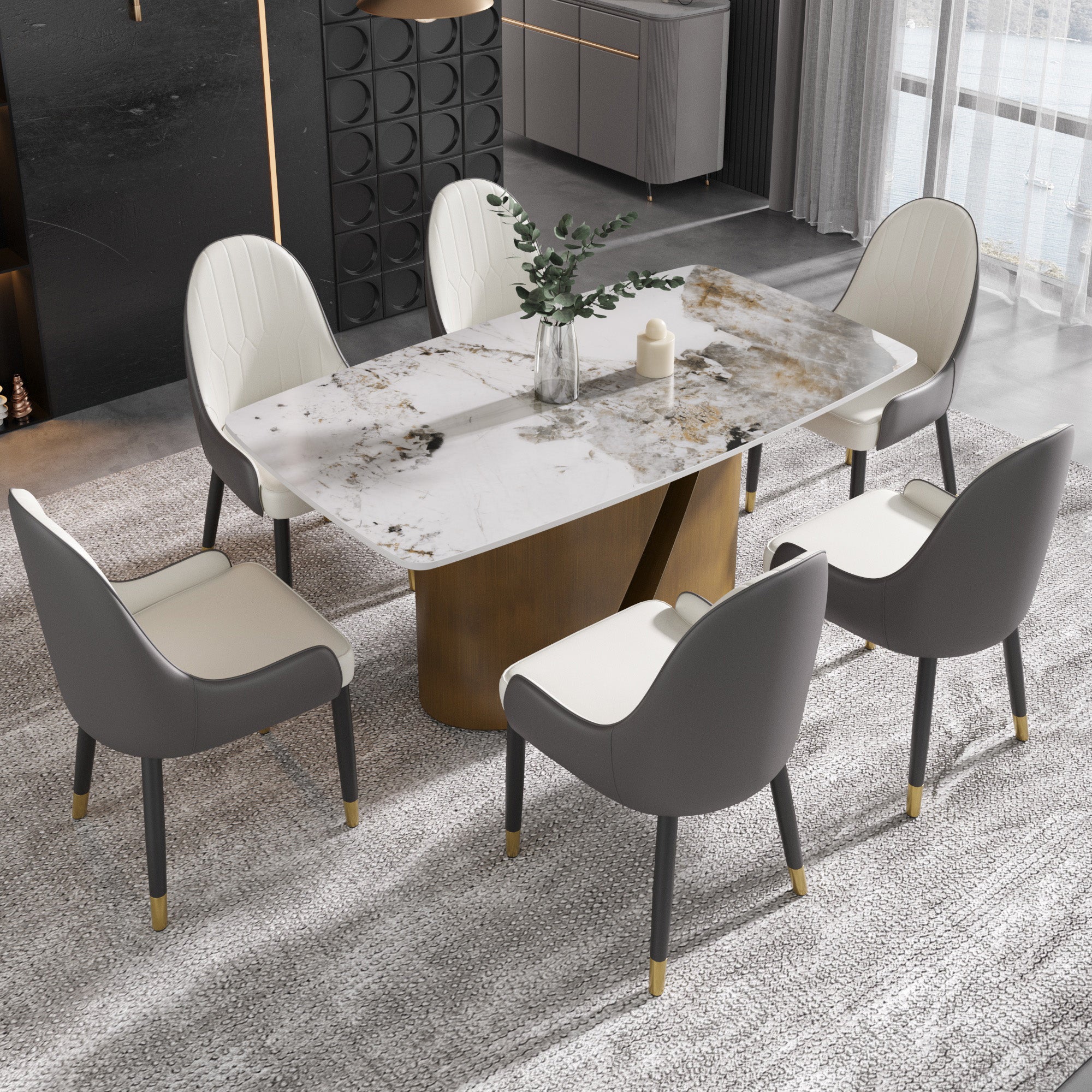 TH Rectangular Dining Table | Sintered Stone Tabletop | Artistic Gold Pedestal Base